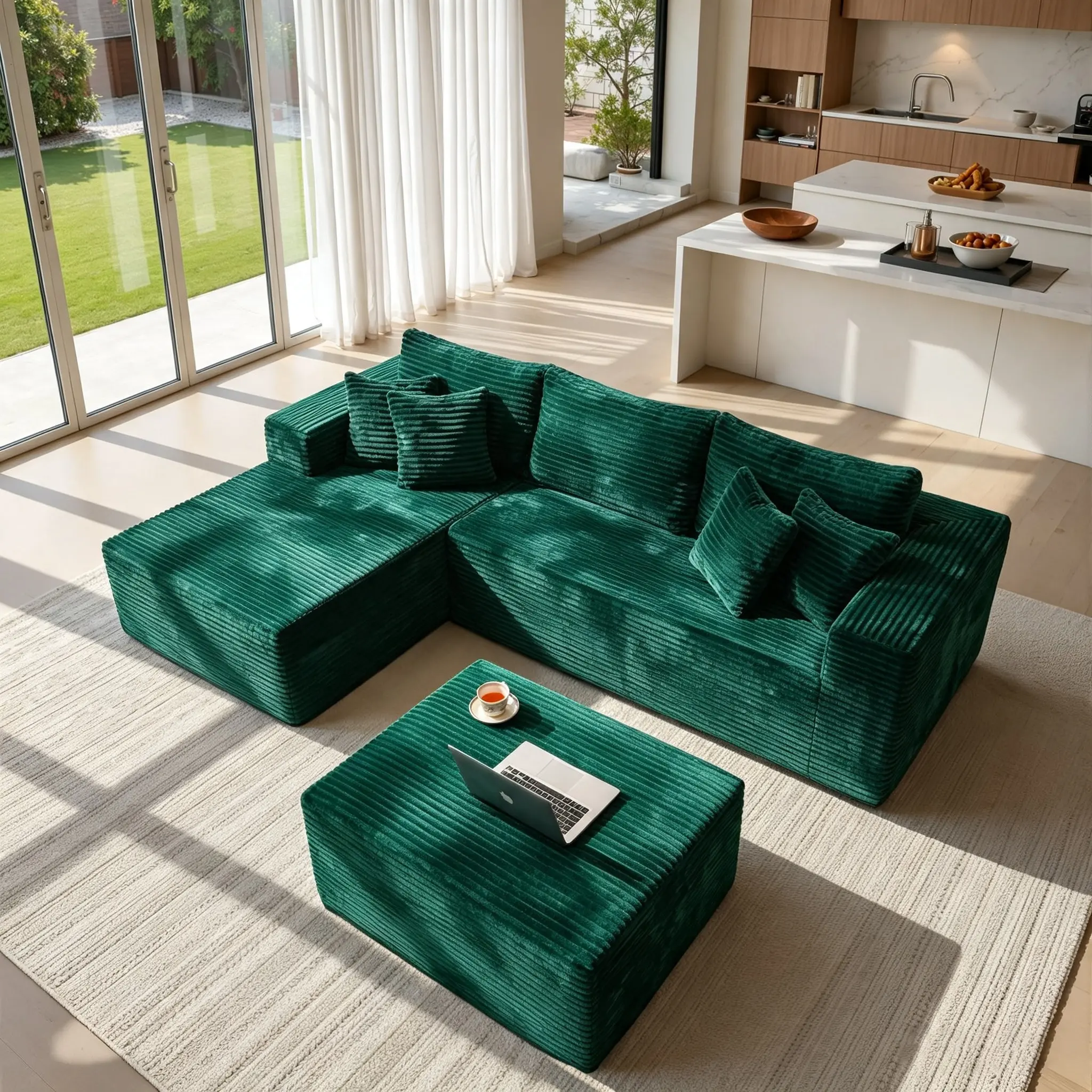 MODMOOD 108“ Modular Sectional Boneless Sofa with 2 Ottomans, Corduroy U-Shaped Modular Sectional Sofa, Convertible Cloud Couch with Deep Seats, No Assembly Required
