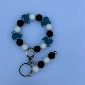 Whale Keychain - Blue Whale Design with Black and White Beads Key Ring Accessory