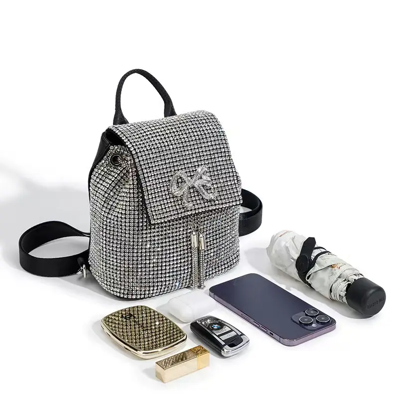 Women's Chic Rhinestone-Embellished Mini Backpack - With Bows, Tassels - Fashion Casual Everyday Carry Bag for Special Events - Practical, Sparkling Carryall