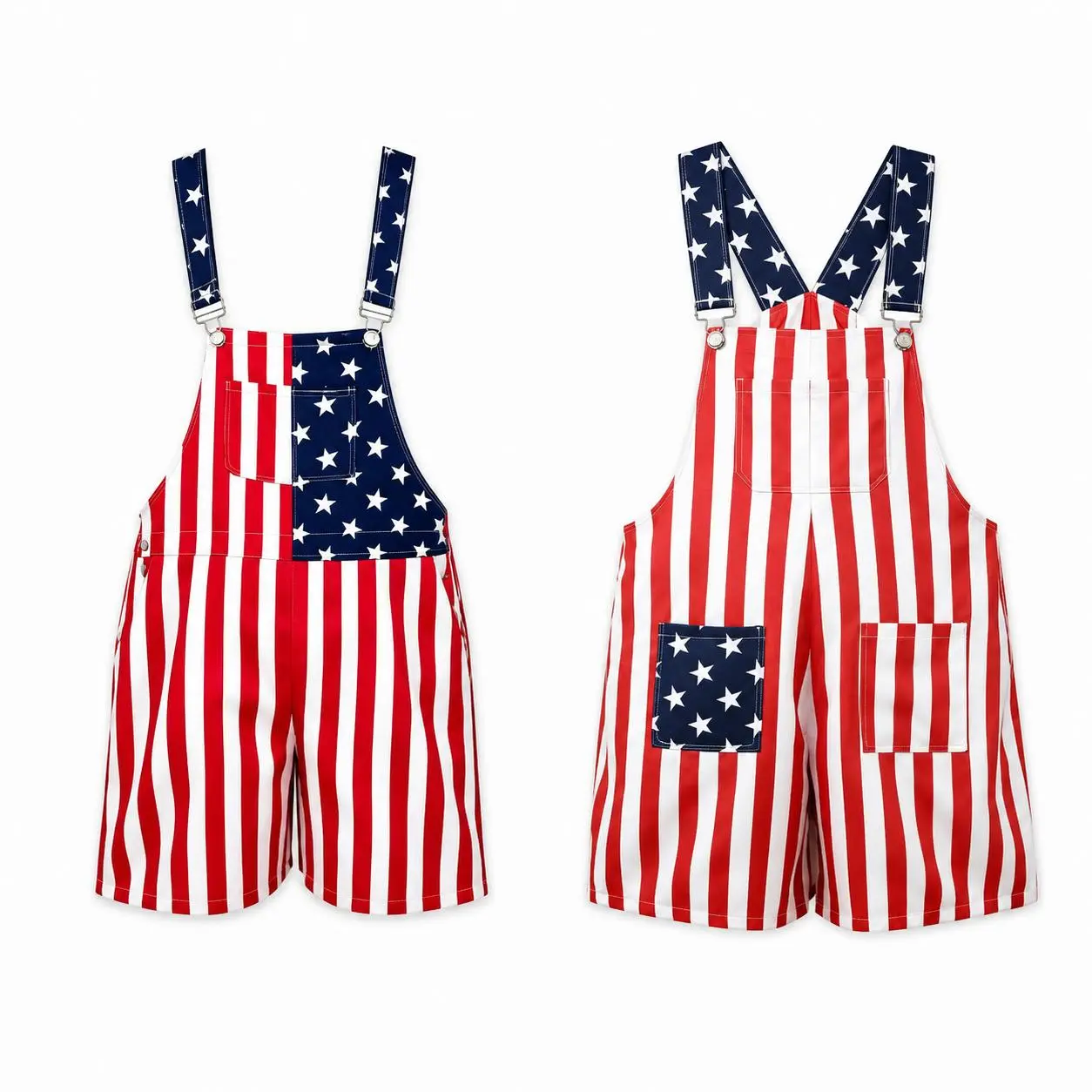 Red White & Blue Star-Stripe Short Holiday Coveralls, Festive Party Supply for Independence Day, Casual Vacation Outfits