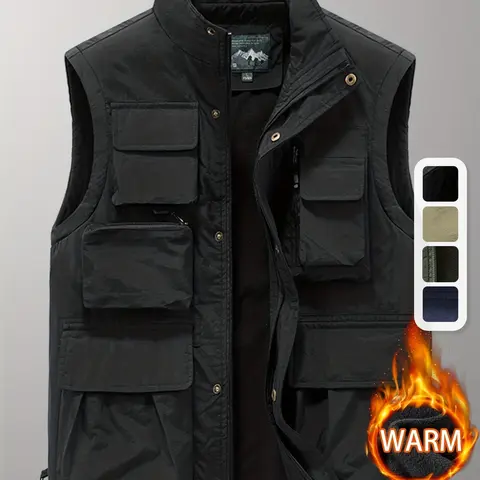 Men's Fleece-Lined Plain Waistcoat-Gilet, Menswear Top with Stand Collar, Multiple Pockets, Heat-Retaining Design for Autumn-Winter Outdoor Casual Streetwear