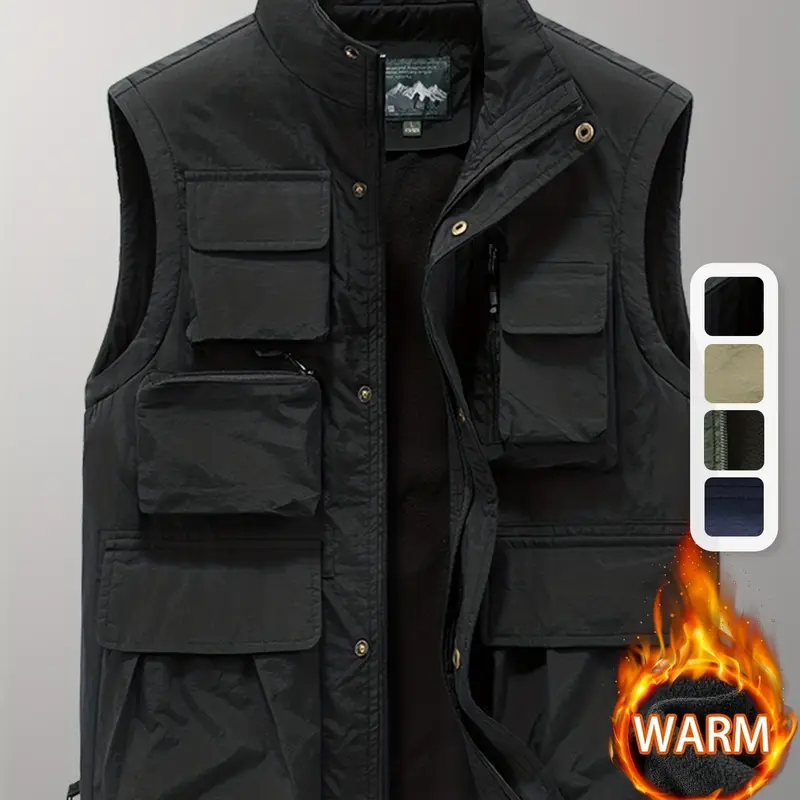 Men's Fleece-Lined Plain Waistcoat-Gilet, Menswear Top with Stand Collar, Multiple Pockets, Heat-Retaining Design for Autumn-Winter Outdoor Casual Streetwear