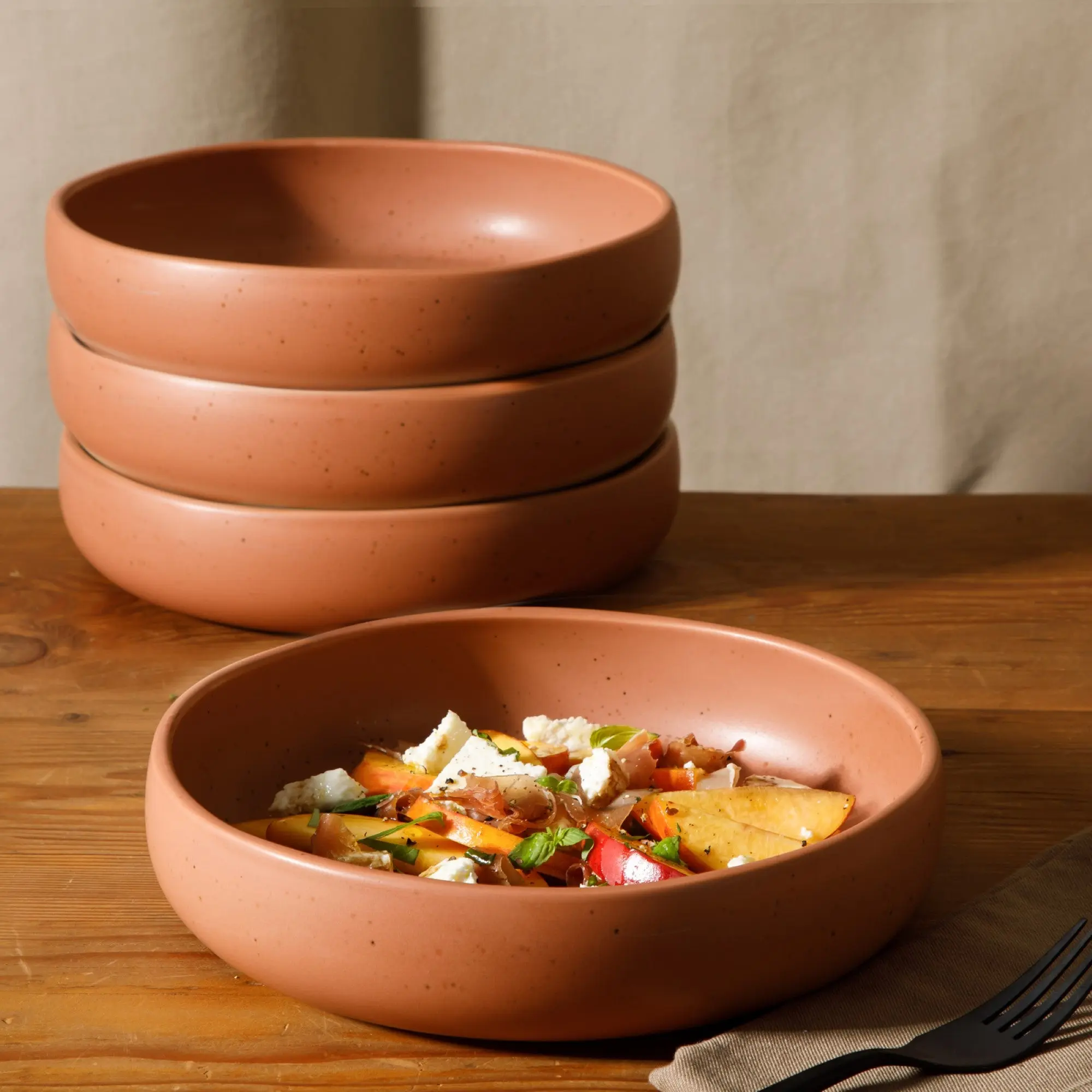 Corsica Clay - 4-Piece Pasta Bowl Set - Reactive Glaze Stoneware -  Burnt Apricot Terracot