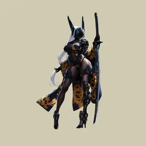 Cyber Oni Samurai Girl Sticker,  Blue Gold Armor Japanese Style Vinyl Decal for Laptop Setup