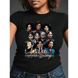 Women S Black Empowerment Portraits and A Long Hot Story Print Crew Neck T Shirt Casual Short Sleeve Spring Summer Top Machine Washable Regular Fit Non Transparent Tee Portrait Artwork Nontransparent Fabric