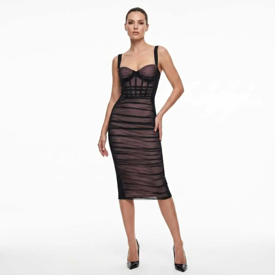 Chocolate Brown Sheer Mesh Striped Bandage Midi Dress, Sweetheart Corset Bust Sleeveless Bodycon Dress, Shapewear Hourglass Party Wedding Guest Dress S-XL
