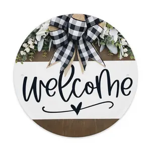 2D Flat, Rustic  Welcome Sign Wall Hanging - Round 2D Flat Panel Housewarming Gift With Artificial  Wreath, Bow & Natural  Grain - Easy Installation For Bedroom, Entryway, Decor - Farmhouse Style Door