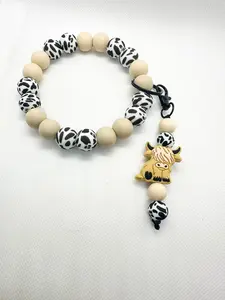 Cow Print Western Beaded Wristlet Keychain with Highland Cow