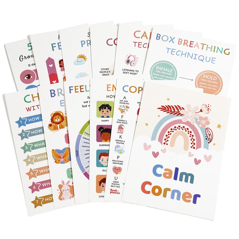 12 Calming Corner Posters (10x8) - Feelings Wheel Chart & Emotions Poster, Calming Corner Supplies For Therapy, Mental Health  Laminated Toddler Educational Wall Posters
