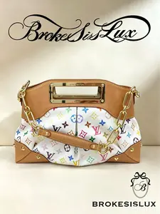 Pre-owned Louis Vuitton Judy MM Shoulder Bag in White Multicolor Monogram Canvas with Vachetta Leather Trim, Gold tone Hardware, and Top Handle Cutout