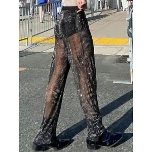 Men's Fashion Sexy Long Pants, Loose Transparent Sequins See-Through Pants, Suitable for Daily Wear