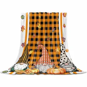 Fall Throw Flannel Blanket for Couch Sofa Bed, Gnomes Orange White Pumpkin Leaves Plaid Striped Microfiber Soft Fleece Blankets All Season Warm Cozy Bedding for Women Men Kids,