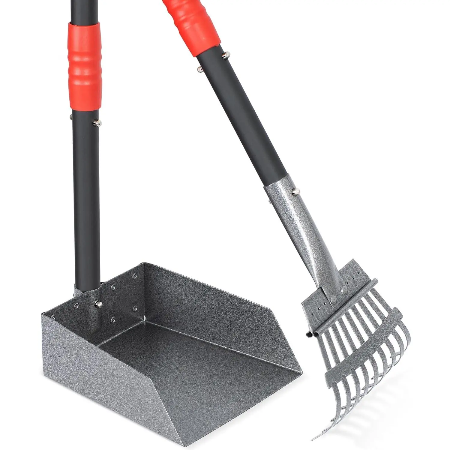 Heeyoo Dog Pooper Scooper Set - Stainless Steel Dog Waste Removal Tool with Poop Tray, Rake, Long Adjustable Handles (Over 37 Inches), Lightweight Foldable Design, Clip-On Interlocking, Detachable Tubes Save Space, Rust Resistant, Clean Easily, Clip-On In