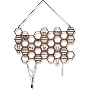 Honeycomb Earring Organizer Wall Mount Display Wood Hanging Jewelry Organizer for Stud Earrings, Necklaces (Walnut)