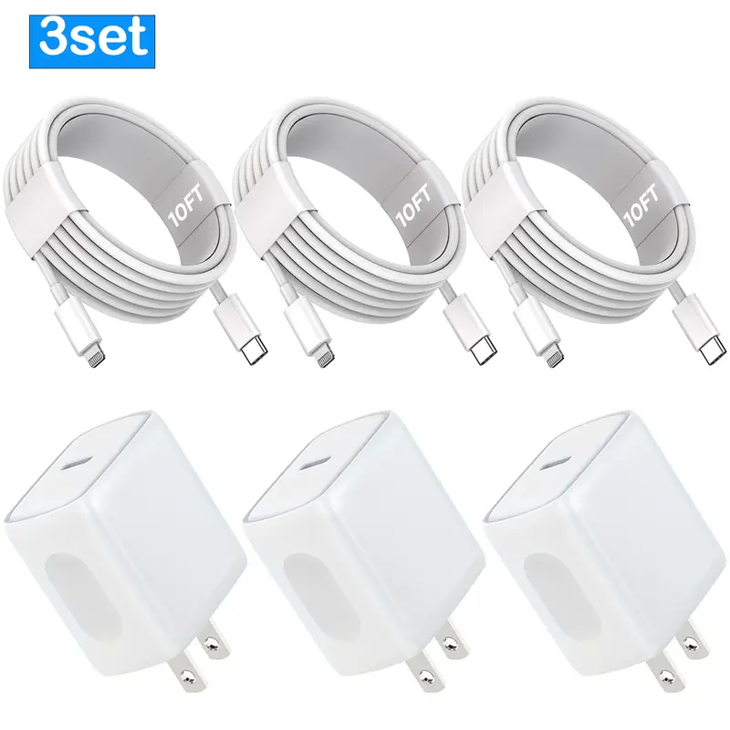 SANPRIO 1/2/3-Pack iPhone Charger Fast 20W USB Charging Block Adapter with 10FT USB-C to Lightning Data Sync Cord for iPhone 14/13/12/11 Pro Max, Xs-Xr, X, 8