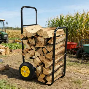 Steel Firewood Log Cart Carrier - Rolling Wheeled Metal Dolly Hauler, Home Improvement Equipment for Outdoor/Indoor Wood Storage & Moving