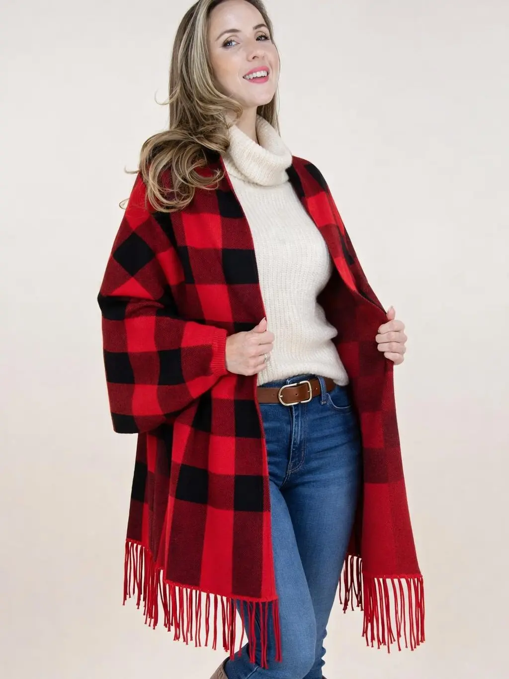 Women's Classic Plaid Flannel Cape-Like Poncho Shawl - Open-Wrap Cardigan Plaid Scarf with Fringe, Mid-Thigh Length, Ideal for Fall-Winter Business & Casual Wear, Cold-Wash Compatible