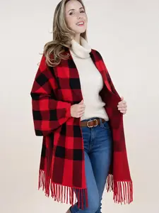 Women's Flannel Checkered Fringe Shawl Wrap Cardigan Scarf Open Wrap Style Mid-Thigh Length Ideal for Fall & Winter Casual & Office Wear