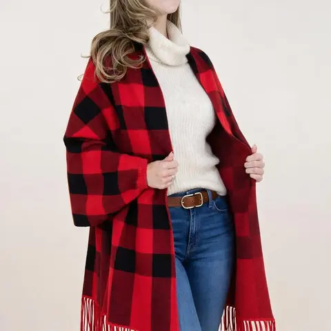 Women's Plaid Fashion Shawl - 50/50 Blend Soft Yet Warm Acrylic Poncho Shawl, One-Size Relaxed Fit Open-Wrap Cardigan, Fringe Detail, Mid-Thigh Length, Classic Charm, Warm Layering Piece, Cold-Wash Compatible, Ideal for Fall-Winter, Office Wear