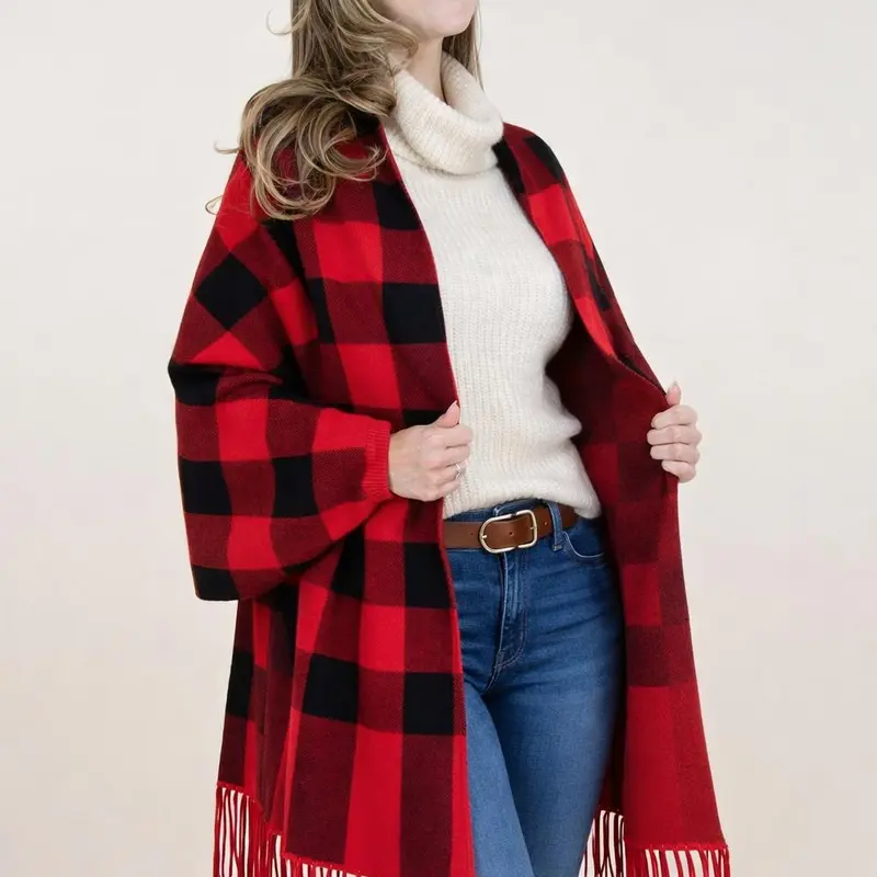 Women's Plaid Fashion Shawl - 50/50 Blend Soft Yet Warm Acrylic Poncho Shawl, One-Size Relaxed Fit Open-Wrap Cardigan, Fringe Detail, Mid-Thigh Length, Classic Charm, Warm Layering Piece, Cold-Wash Compatible, Ideal for Fall-Winter, Office Wear
