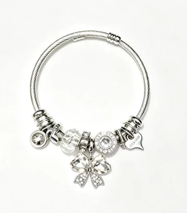 Women Heart Crystal Bow Adjustable Wire Cuff Bracelet, Silver Twisted Steel Bangle with Rhinestone Beads, Clear / Pink / Emerald Green Stackable Charm Jewelry Gift for Daily Party