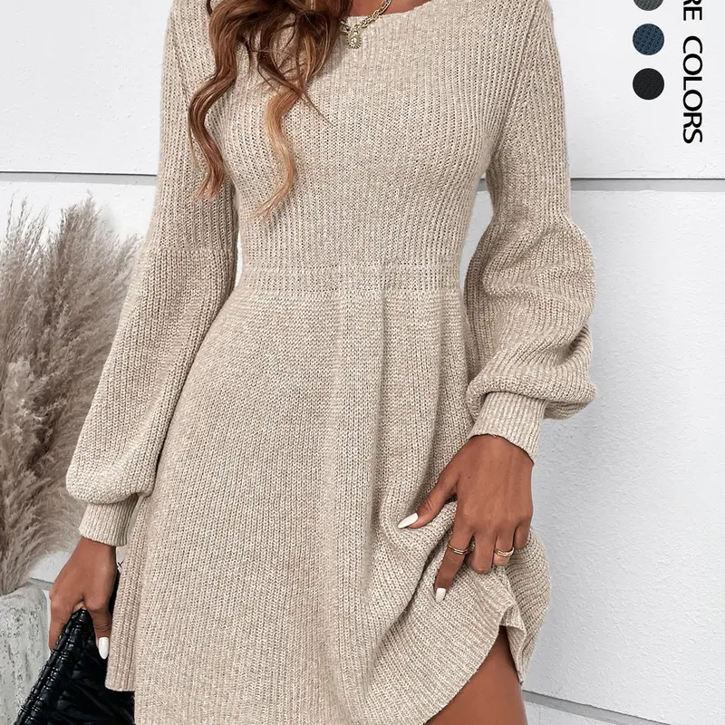 Women's Plain Lantern Sleeve Sweater Dress, Casual Long Sleeve Round Neck A Line Dress for Fall & Winter, Women's Knitwear for Daily Wear