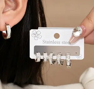 3Pcs Hoop Earring Set for Women, Stainless Steel Geometric Huggie Earrings Inlaid Cubic Zirconia, Versatile Daily Fashion Jewelry