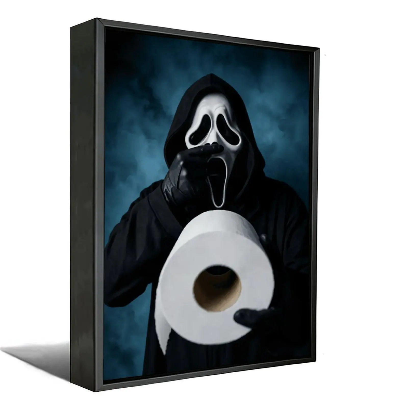 Funny Ghostface Holding Toilet Paper Canvas Print, Scream Horror Movie Ghost Mask Framed Poster, Spooky Gothic Wall Decor for Bathroom, Bedroom & Man Cave
