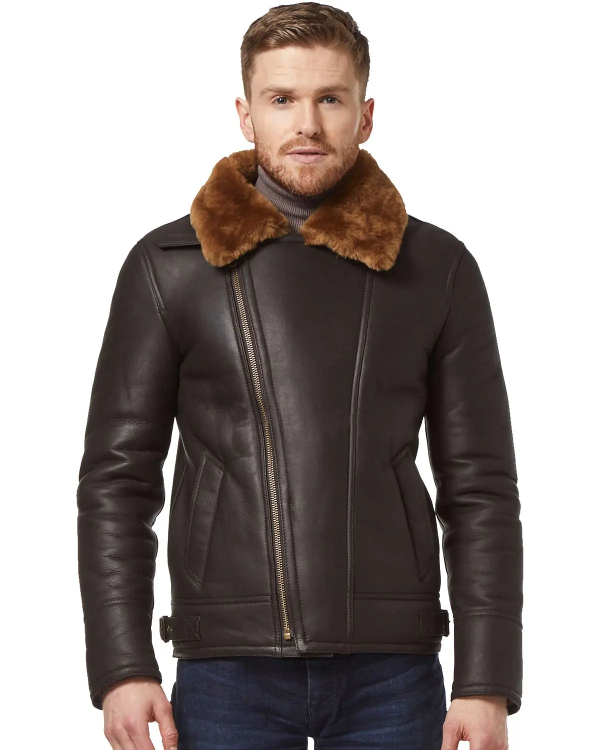 MotorCycleJackets Men's Brown Ginger Aviator Bomber Cross Zipper Leather Jacket