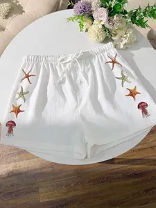 Women's Loose Beach Shorts, Shell Starfish Print, Summer Vacation Swimwear, Drawstring Button Design, Perfect for Beach Activities