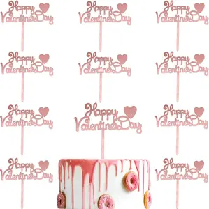 10Pcs Happy Valentine's Day Cake Topper Acrylic Cake Topper Rose Gold Valentines Day Cupcake Topper Heart Shaped Cake Picks Cake Accessories for Wedding Valentine's Day Gifts Cake Decoration Party