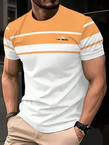 Men's Breathable Casual Short Sleeve T-Shirt, Round Neck Design, Washable, Dual Color Patchwork Detail, Lightweight, Outdoor Sports, Travel, Daily Wear