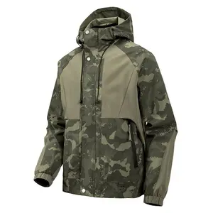 Men's camouflage patch spring and autumn hooded jacket windproof long sleeved thin soft shell, with zipper pocket, suitable for hiking and mountaineering sportswear