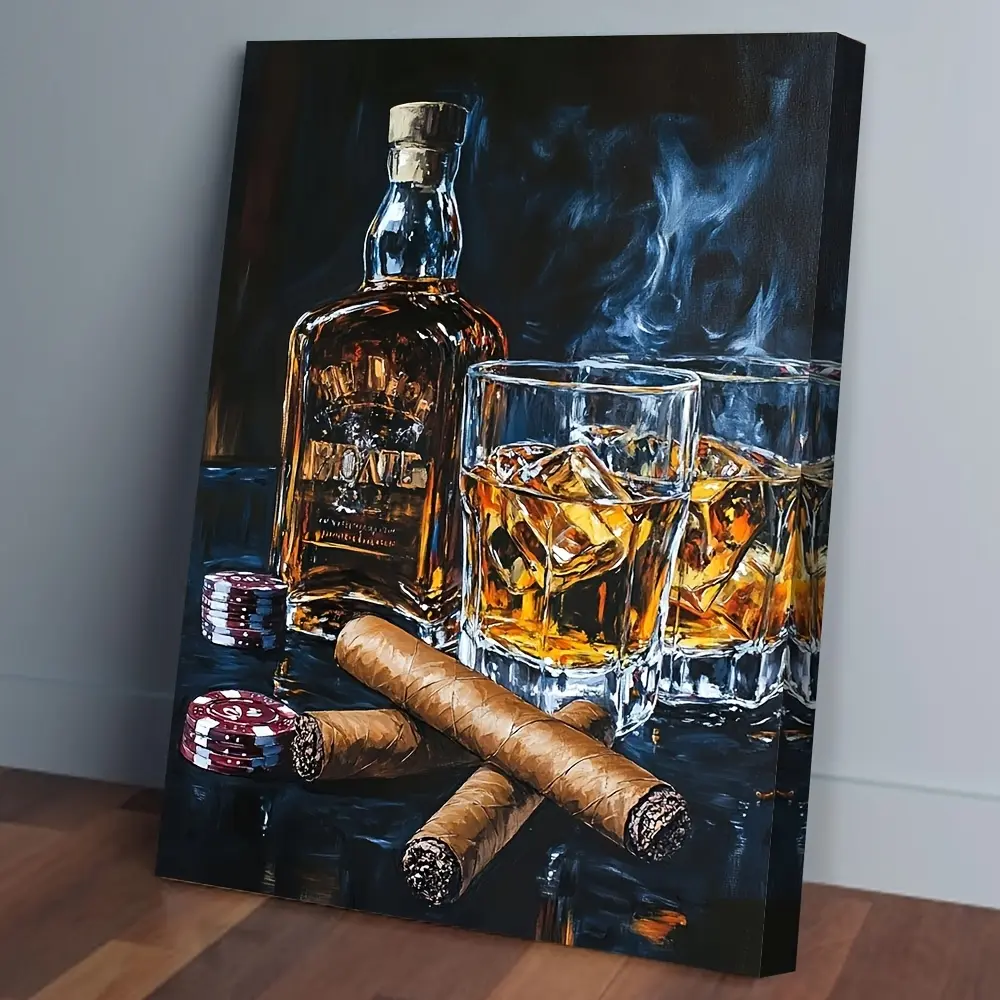Framed 2D Wood Canvas Wall Artwork - Artistic Vintage-Modern Bar Scene Decoration with Whiskies, Poker Night, Scotch Bottles, Polka Dots, Plaid Accent, Various Sizes, Ideal for Father's Day, Thanksgiving, Independence Day Bathroom Home Decor
