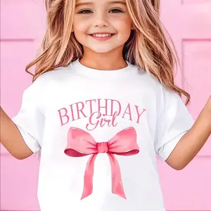 [Birthday Girl T-Shirt] Girls' Birthday Girl Bow Graphic Print T-Shirt | White with Pink Lettering, Stretchy Knit Casual Crew Neck Short Sleeve Top for Spring Summer Birthdays & Parties