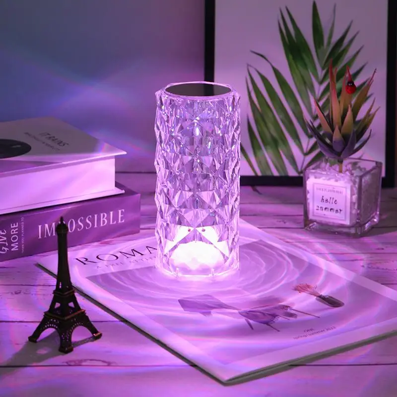 Artificial Crystal Table Lamp, RGB Color Changing Rose Diamond Table Light with Remote Control, USB Charging Touch Sensor Ambient Lighting, Room Acces