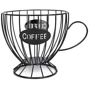 Coffee Pod Holder Basket – Large K-Cup & Nespresso Capsule Organizer, Metal Coffee Bar Storage for Kitchen, Office, Home, Café (Black Tea Cup)