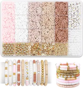 Clay Bead Bracelet Kit, 2370Pcs Flat Polymer Clay Heishi Beads Bracelet Making Kit for Girls Adults, DIY Friendship Bracelet Kit with Gold Beads Letter Beads Pearl Beads for Bracelets