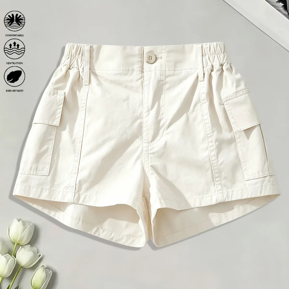 Women’s casual cargo shorts, solid color design, practical shorts for everyday summer wear, women’s summer apparel, women’s shorts