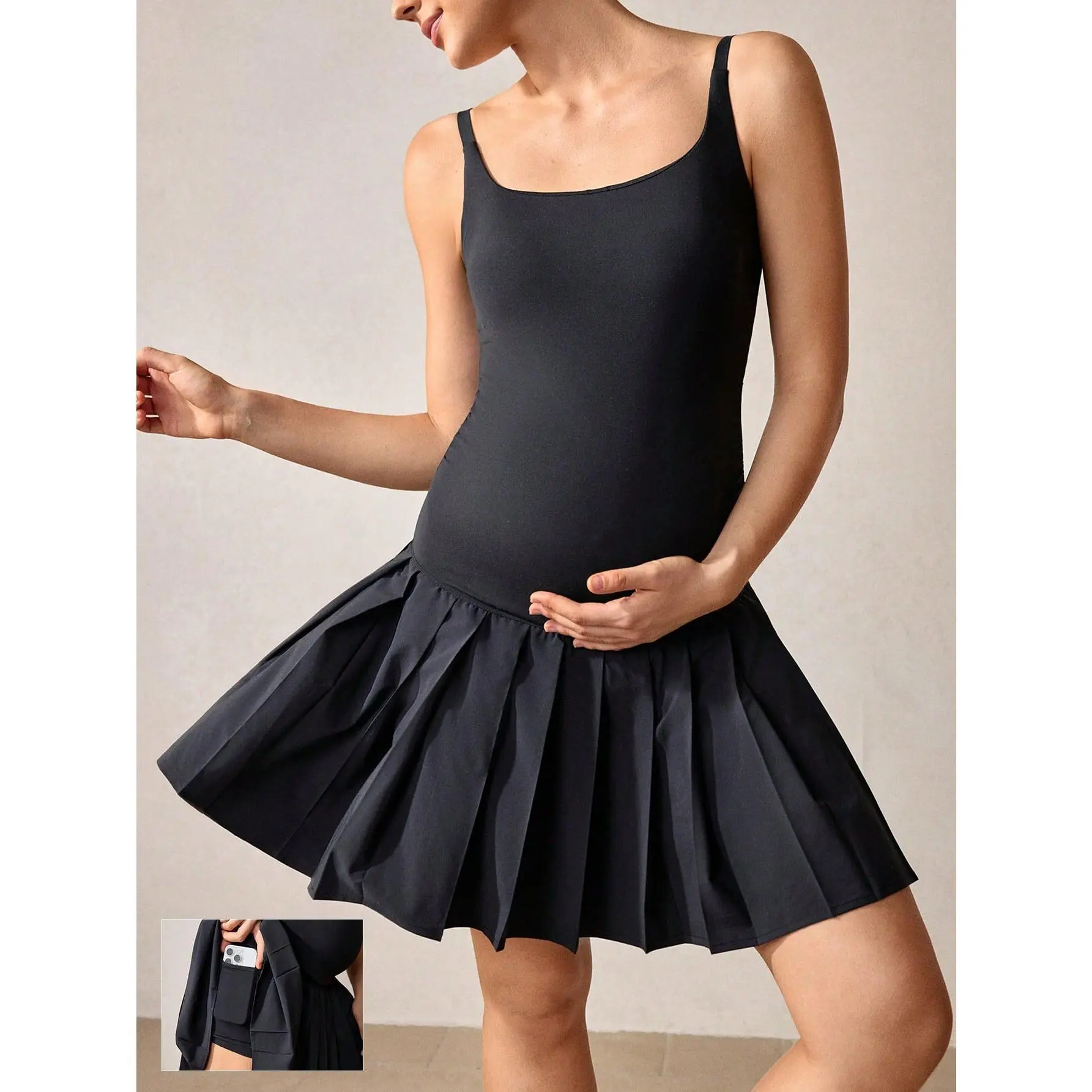 GLOWMODE Maternity Sporty Knit Seamless Sweat-Wicking Sun-Protective Removable Cups Adjustable Straps Pleated Tennis Dress With Built-In Shorts Daily Casual Wear