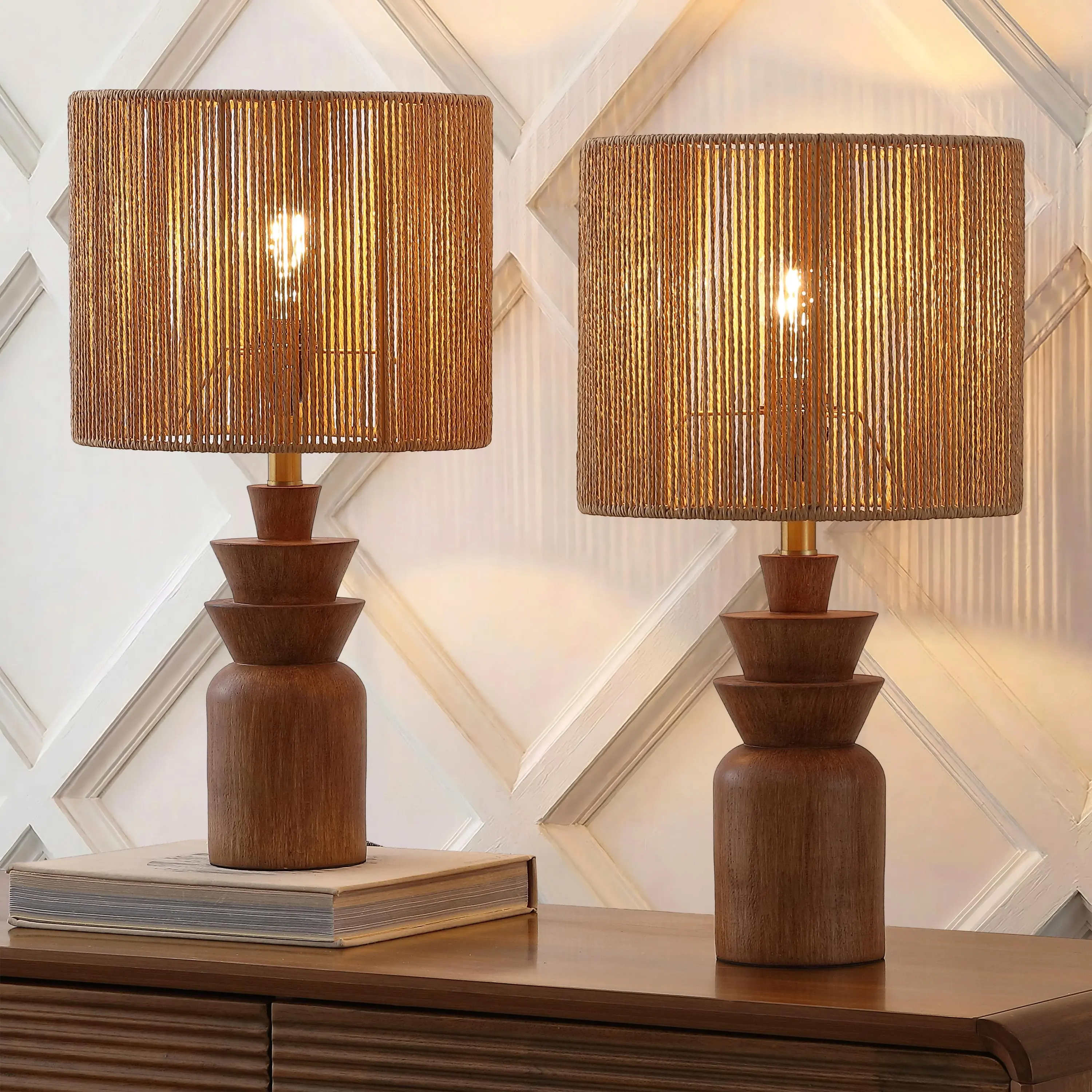 JONATHAN Y Anderson 22" Totem Table Lamp, Set of 2 | Resin Construction, Hand-Woven Paper Rope Drum Shade, Rattan-Look, Bohemian Coastal, Brass Gold Metal, LED Bulbs Included