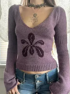 Autumn Winter New Fashion Casual Vintage Floral Jacquard Knitting Slim Fit Long Sleeve Sweater V Neck Y2K Aesthetic Pullover Knitwear Womenswear