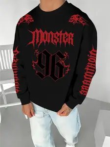 Men's Fall Winter Gothic Font Print Round Neck Long Sleeve Casual Classic Sweatshirt, Casual Streetwear, Street Style Cool Player Visual Impact, Rebellious Atmosphere