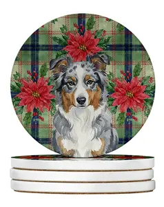 Carolines Treasures WDK8480RCS4 4 x 4 in. Blue Merle American Shepherd Christmas Poinsettias Large Sandstone Coasters, Pack of 4