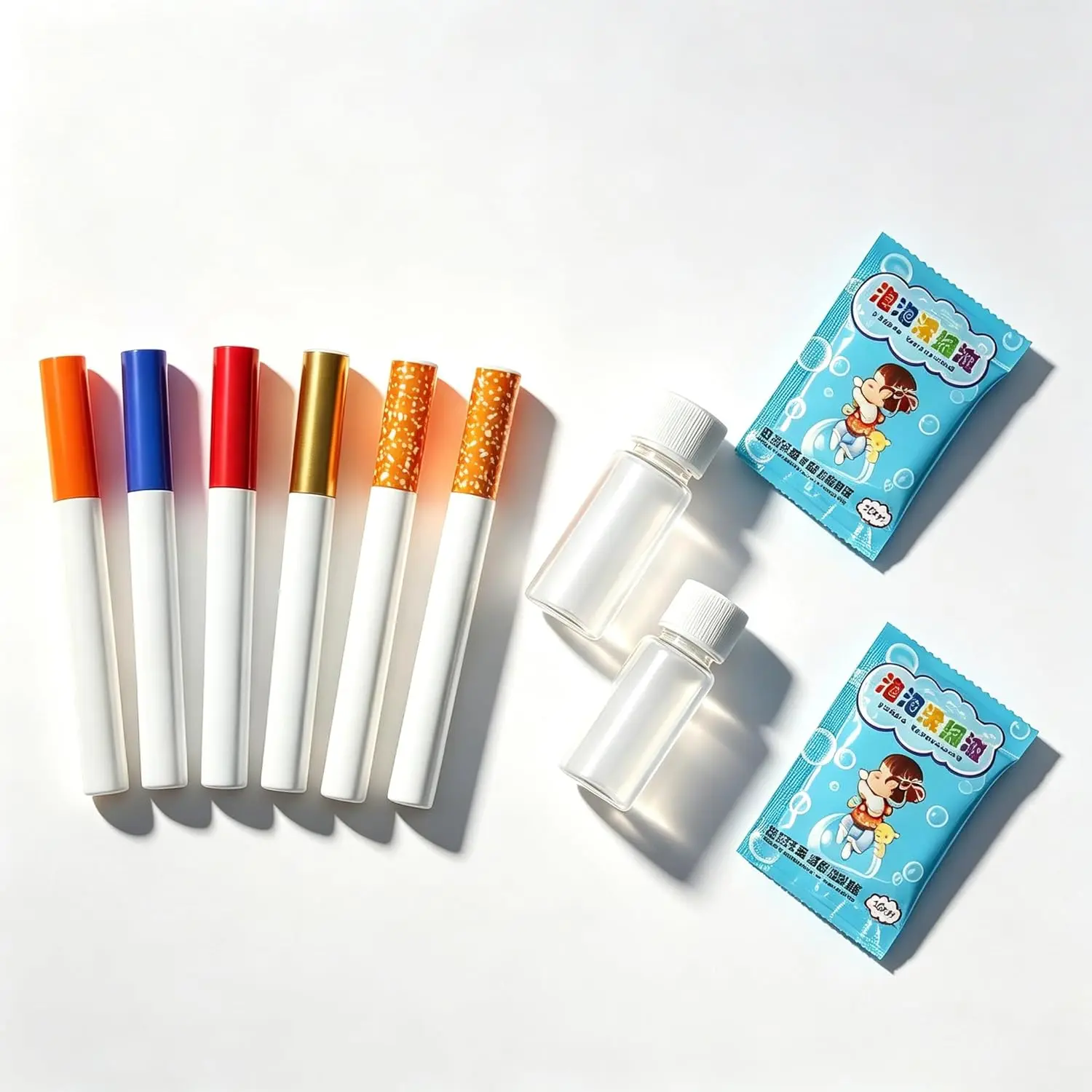 Summer Spring Gift 6-Pack All-Aluminum Mini Bubble Blowers – 4 Vibrant Solid Colors & 2 Realistic Cork-Tip Print Styles, Pocket-Sized Stress Relief Novelty Toy Set for Adults, Durable Gag Gift & Party Favor