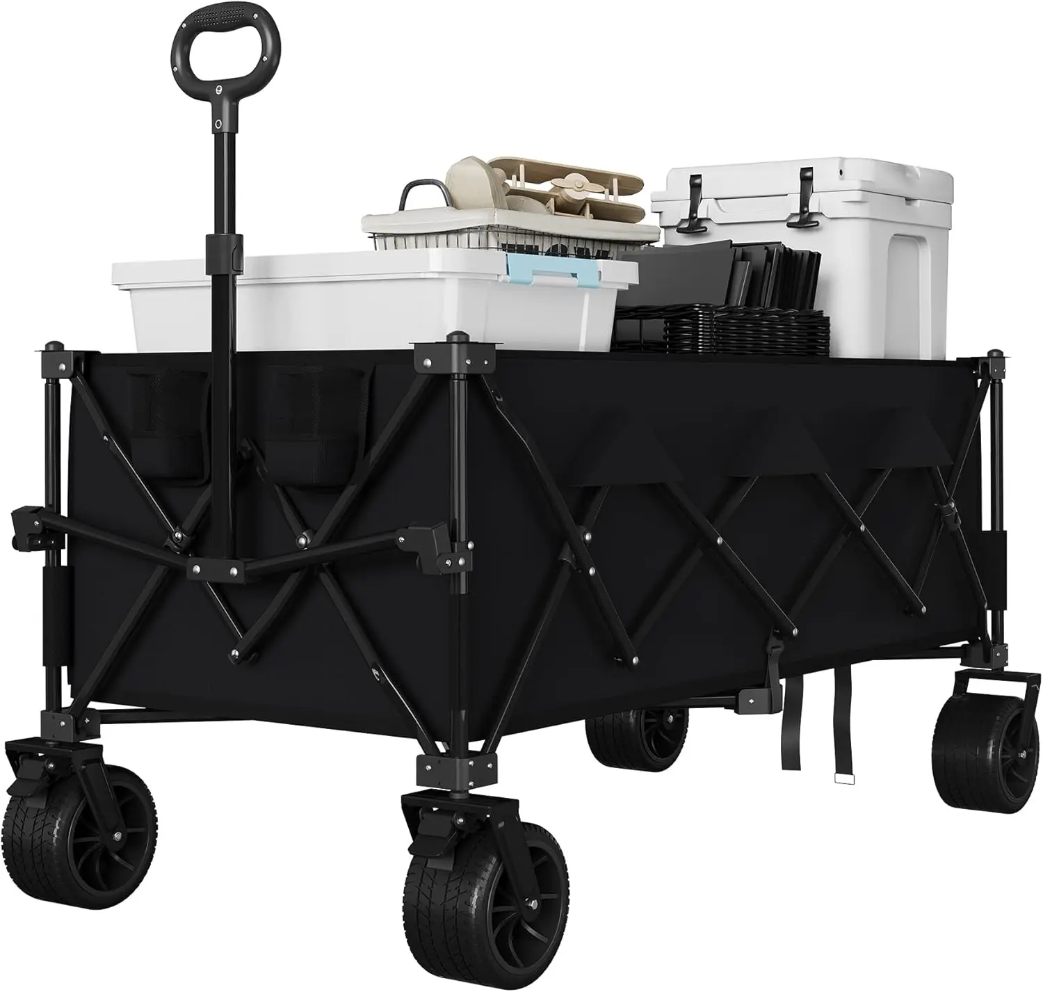 GAOMON Black Heavy-Duty Utility Collapsible Folding Wagon Cart with All-Terrain Wheels, Cup Holders for Outdoor Sand Use