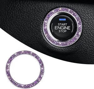 Car Bling Engine Start Ring Decal, Crystal Rhinestone Push to Start Button Cover Sticker, Auto Sparkling Key Ignition Knob Decoration Ring for Women Girls, Car Accessories (Purple)