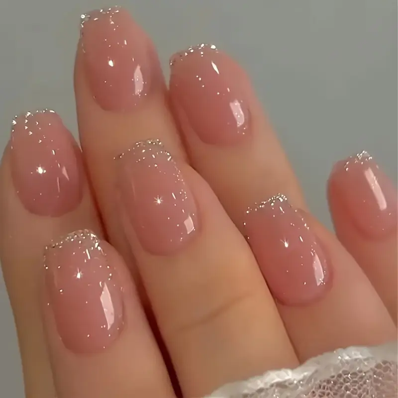 2-Set 48pcs Short Ballet Press On Nails, Gloss Glitter Fake Nails, Full Cover Coffin Pink and White French Style False Nails, For Women And Girls