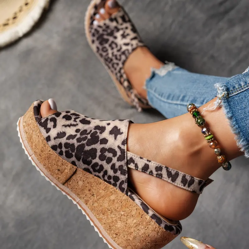 Elegant Women's Boho Wedge Sandals, Open Toe, Thick Sole Design, 3D Leopard Print, Comfortable and Fashionable, Casual Summer Sandals, Breathable Summer Sandals, Summer Must-Have, Travel Essential, Bohemian Wedge Sandals
