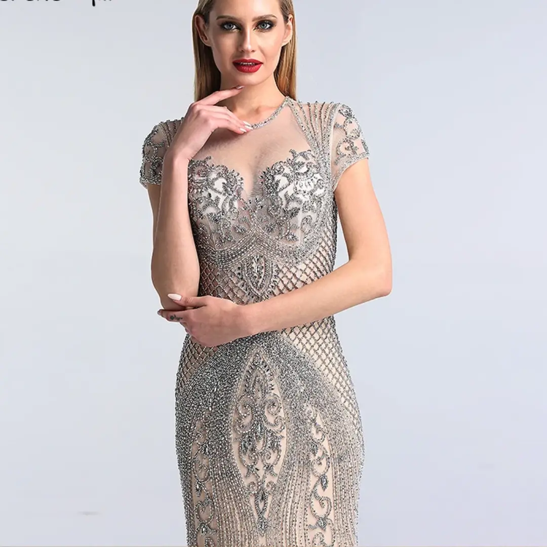Dubai Grey Full Diamond Mermaid Evening Dress 2025 with Cap Sleeves - Ideal for Women's Formal Party